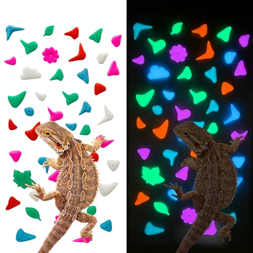46PCS Glow in the Dark Bearded Dragon Rock Climbing Holds,Reptile Rock Climbing Wall,Bearded Dragon Enrichment Toys,Bearded Dragon Tank Accessories,Climbing Wall Grips for Bearded Dragon,Gecko,Lizard