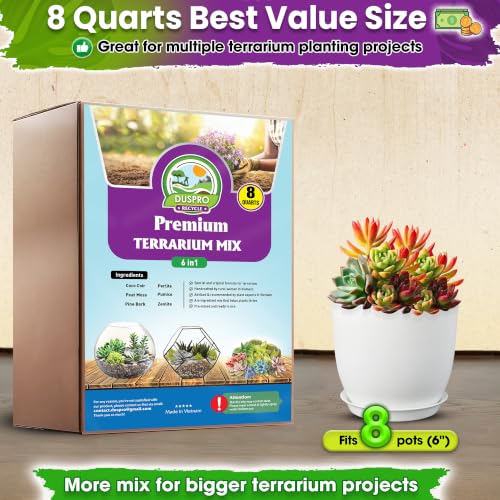 DUSPRO Premium 6in1 Terrarium Soil Mix – Pre-Mixed Terrarium Substrate Mix for Terrariums, Balanced Moisture Growing Medium with Coco Coir, Peat Moss, Pine Bark, Perlite, Pumice & Zeolite 8QRT - size: Terrarium Soil 8 Quarts
