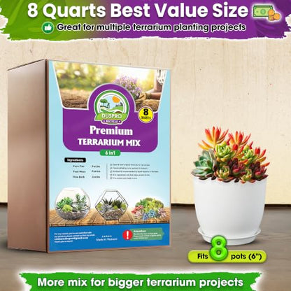 DUSPRO Premium 6in1 Terrarium Soil Mix – Pre-Mixed Terrarium Substrate Mix for Terrariums, Balanced Moisture Growing Medium with Coco Coir, Peat Moss, Pine Bark, Perlite, Pumice & Zeolite 8QRT - size: Terrarium Soil 8 Quarts