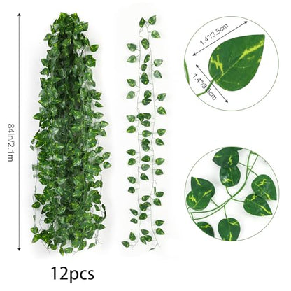 CEWOR Fake Ivy Vines for Room Decor 12pcs Fake Ivy Greenery Garland Wall Decor (Pothos)