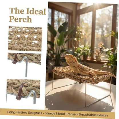 Kichvoe Hammock and Metal Legs Reptile Lounger Rectangle Bearded Dragon with Khaki Seagrass Bed Comfortable Wear-Resistant Basking Platform for Leopard Gecko Hermit Crab Tank Habitat