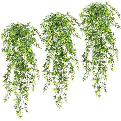 RAINFLOW 3PCS Fake Hanging Plants Lifelike Faux Plants Indoor with 45 Green Leaves, Fake Ferns for Shelf Office Shower Boho Wall Balcony Outdoor Wedding Bedroom Decor (Maple Leaf Fern)