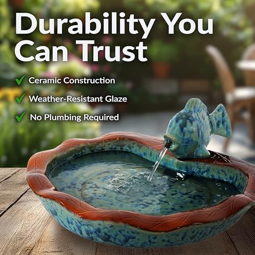 Sunnydaze Glazed Ceramic Fish 7-Inch Outdoor Garden Fountain - Outdoor Tabletop Fountain for Patio, Deck, Garden - Aqua and Brown
