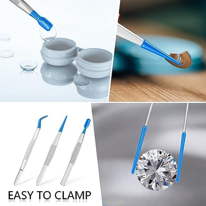 Honoson 3 Pieces Rubber Tipped Tweezers for Crafting Set - PVC Coated Flat, Straight & Bent Tips Stamps, Beads, Jewelry(Blue) - color: Blue