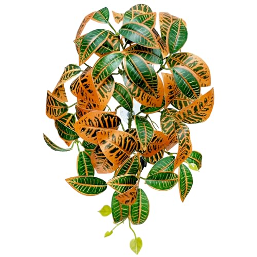 Woyrise Reptile Plants, Terrarium Hanging Plant Vines, Artificial Leaves with Suction Cup, Bearded Dragon Tank Accessories for Gecko Lizard Snake Frog Tortoise Decorations - Codiaeum Variegatum - color: G-fake Codiaeum Variegatum