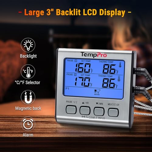 TempPro TP17 Dual Probe Digital Cooking Meat Thermometer Large LCD Backlight Food Grill Thermometer with Timer Mode for Smoker Kitchen Oven BBQ, Silver (Previously ThermoPro) - size: 2-probes