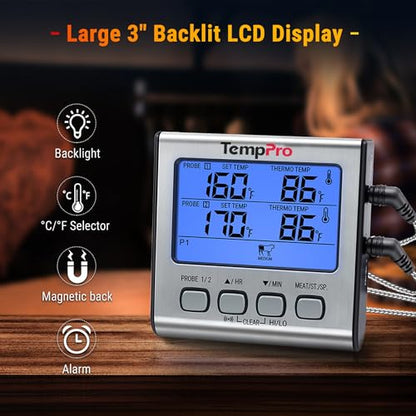 TempPro TP17 Dual Probe Digital Cooking Meat Thermometer Large LCD Backlight Food Grill Thermometer with Timer Mode for Smoker Kitchen Oven BBQ, Silver (Previously ThermoPro) - size: 2-probes