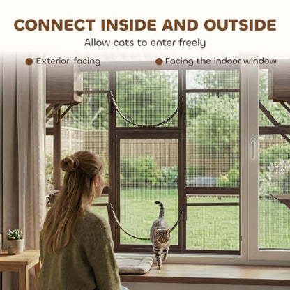 PawHut Catio Outdoor Cat Enclosure Window, Outdoor Cat House with Weather Protection Roof for 1-4 Kitties, Wooden Frame, Shelves & Bridges, 118" x 37.5" x 74", Coffee Brown - color: Coffee Brown