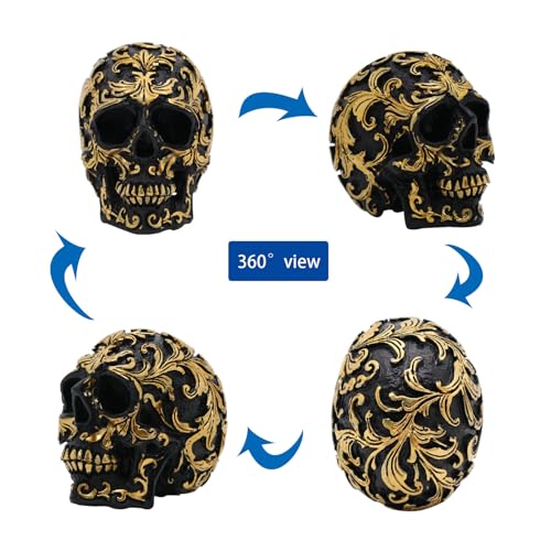 Gothic Skull Heads Home Decor - 3.62 Inch Desk Skeleton Skull Head Statue Fake Resin Skull Figurine Decor for Halloween Decorations, Party Gold Skull Head Designs