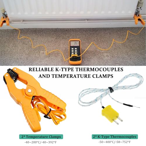 K Type Thermocouple Thermometer Dual Channels Thermocouple Tester (-58~2372°F) High Accuracy Temperature Kelvin Scale Meter with 2X Temperature Clamp & 2X Pipe Thermocouple Probes