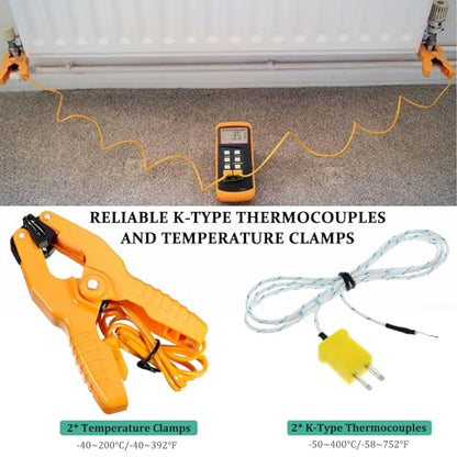 K Type Thermocouple Thermometer Dual Channels Thermocouple Tester (-58~2372°F) High Accuracy Temperature Kelvin Scale Meter with 2X Temperature Clamp & 2X Pipe Thermocouple Probes