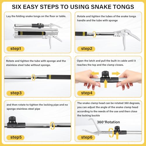 Snake Grabber Tool, 69" Snake Tongs Grabber for Rattlesnake Heavy Duty Professional Folding Snake Feeding Tongs Wide Jaw Snake Handling Tool Long Hndle Stainless Steel Tube Sponge Handle - color: BLACK YELLOW