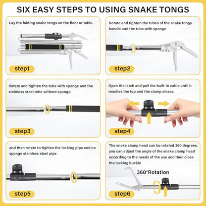 Snake Grabber Tool, 69" Snake Tongs Grabber for Rattlesnake Heavy Duty Professional Folding Snake Feeding Tongs Wide Jaw Snake Handling Tool Long Hndle Stainless Steel Tube Sponge Handle - color: BLACK YELLOW