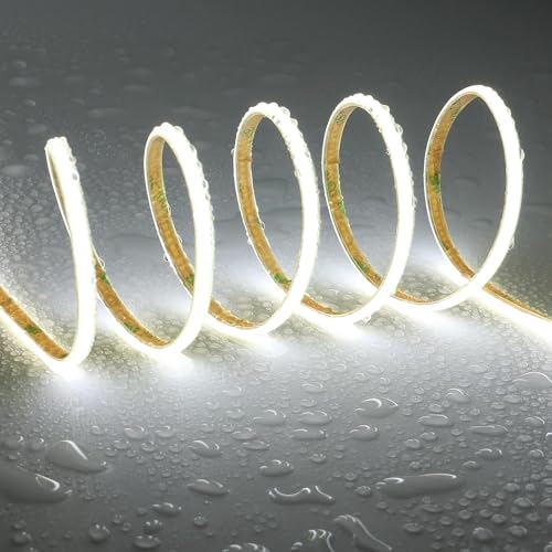 TOPAI 12V Thin 5mm COB LED Strip Waterproof 6000K Cool White 16.4ft Bright 4000Lm CRI>90 Uniform Dotless 400LEDs/M Self Adhesive Flexible Cuttable for DIY, Bedroom, Under Cabinet Lighting - color: Cool White 6000K