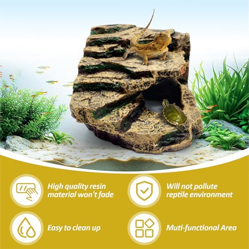 GOZILLA Reptile Accessories for Tank, Basking Platform Hideout, Bearded Dragon Hide and Cave Decor for Turtle,Snake and Lizard.(Brown Cave-L)