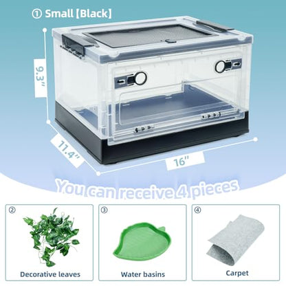 Foldable 16" Reptile Terrariums, Snake Tanks, and Enclosures for Bearded Dragons, Iguanas, Lizards, Crested Geckos -Clear Views, Portability, High-Temperature Resistant Iron Mesh Ventilation - color: Black