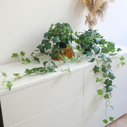 Fake English Ivy Plants in Pots Set of 2 – Realistic Artificial Ivy Greenery for Home Decor, Tabletop, Office, Shelf, Balcony or Bathroom – Lifelike Faux Hanging Vines, No Maintenance Required - color: Green