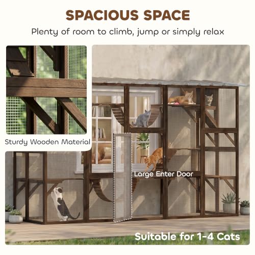 PawHut Catio Outdoor Cat Enclosure Window, Outdoor Cat House with Weather Protection Roof for 1-4 Kitties, Wooden Frame, Shelves & Bridges, 118" x 37.5" x 74", Coffee Brown - color: Coffee Brown