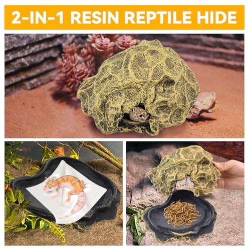 Small Hideout for Reptiles,Reptile Hide Cave Resin Gecko Habitat Decor 2 in 1 Multi-Functional Leopard Gecko Tank Accessories Hideout with Detachable Base as Food Bowl
