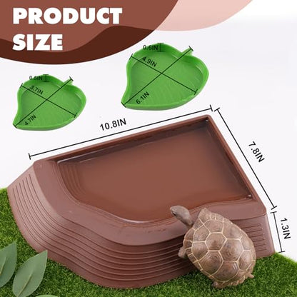 Tortoise Water Dish with Ramp, 3-Piece Tortoise Food & Water Bowls with Leaf Food Dish for Small Reptiles like Bearded Dragon, Gecko & Lizard