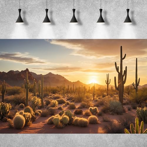 Sunset Desert Reptile Habitat Background Silhouette of Saguaro Cactus Arid Mountain Range Terrarium Background Cacti Sand with Dunes Aquarium Background Desert Mountain Fish Tank Background 36x20in - color: Cactus Orange, size: 36(W)x20(H)in