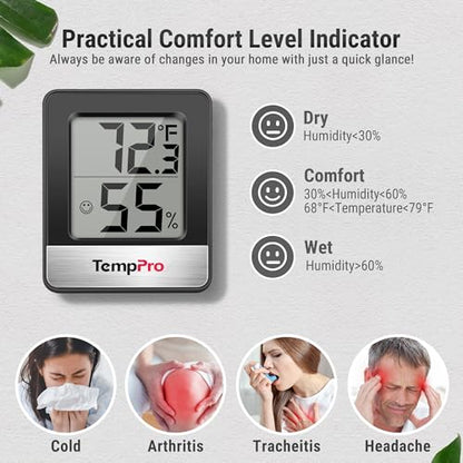 TempPro TP49 Digital Hygrometer Indoor Thermometer Humidity Meter Room Thermometer with Temperature and Humidity Monitor Mini Hygrometer Humidity Meter (Previously ThermoPro) - color: Black Indoor Thermometer