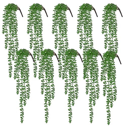 RECUTMS 10pcs Artificial Hanging Succulents Fake Hanging String of Pearls Plants Faux Greenery Wall Plant Spring Summer Indoor Outdoor Home Garden Office Wedding Graduation Party Decor(Green) - color: Green-10pcs