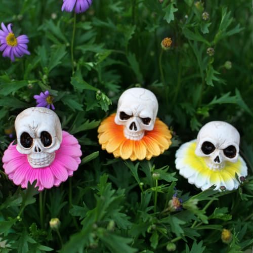 Resin Daisy Flower Skull Head Statue Plant Stakes Set of 3, Skull Garden Plant Accessories, Decorative Plant Picks, Indoor Outdoor Halloween Planter Pot Decorations Bonsai Crafts