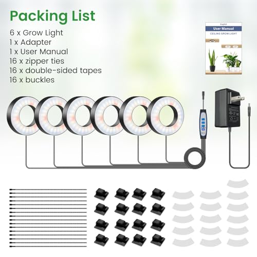 Wiaxulay Ceiling Grow Lights for Indoor Plants, 288 LED Full Spectrum 3.5in Halo Plant Grow Light, 12/3A Under Cabinet Grow Lamp with Auto Timer 6/12/16 Hrs, 3 Lighting Mode, 5 Brightness, Six Head - size: 3.5in-Six Head