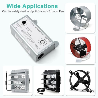 Attic Fan Thermostat and Humidistat, Adjustable Temperature and Humidity Controller 120V Thermostat Replacement for Power Attic Ventilators, Greenhouse Fan and Exhaust Fan
