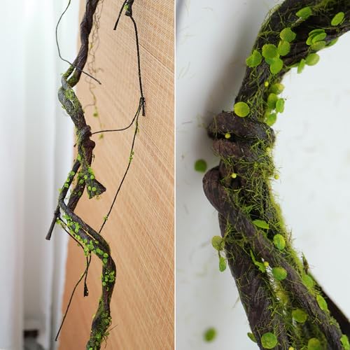 2pcs 67"Bendable Twigs Branches Moss Creepy Jungle Climb Green Leaves Vines | Artificial Reptile climbing Tree Trunk Grapevine Garland Plants Stems For Craft Garden Wall Hanging Halloween Arch Decoration