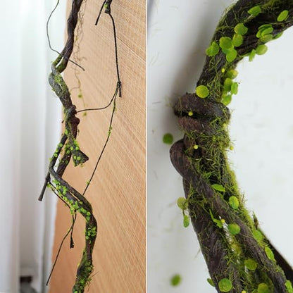 2pcs 67"Bendable Twigs Branches Moss Creepy Jungle Climb Green Leaves Vines | Artificial Reptile climbing Tree Trunk Grapevine Garland Plants Stems For Craft Garden Wall Hanging Halloween Arch Decoration
