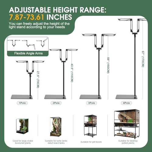 MECESOR Dual Reptile Lamp Stand,15.7-74.3 Inch Height Adjustable Reptile Light Stand,360°Rotatable Flexible Arms,Heat Lamp Stand for Reptiles Tank,Terrariums,Amphibian Cages&Plants - size: 7.87-73.61 inch