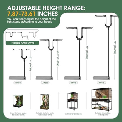 MECESOR Dual Reptile Lamp Stand,15.7-74.3 Inch Height Adjustable Reptile Light Stand,360°Rotatable Flexible Arms,Heat Lamp Stand for Reptiles Tank,Terrariums,Amphibian Cages&Plants - size: 7.87-73.61 inch