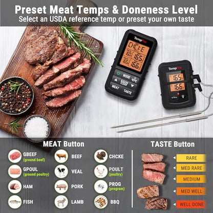 TempPro TP20 500FT Wireless Meat Thermometer with Dual Meat Probe, Digital Cooking Food Meat Thermometer Wireless for Smoker BBQ Grill Thermometer Beef Steak Turkey Thermometer (Previously ThermoPro) - color: Pitch-black