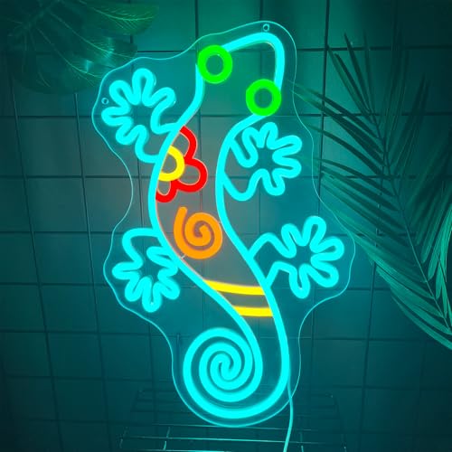 Gecko Neon Sign Dimmable Geico Lizard Led Neon Sign Colorful Reptile Animal Theme Neon Light Up Sign for Garden Bedroom Fence Living Room Kids Birthday Party Presents Outdoor Wall Decorations - color: Colorful-Gecko