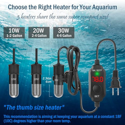 30W Mini Aquarium Heater for 4-6 Gallon Tanks | Submersible Fish Tank Heater with Digital Thermostat, Dry-Run & Overheat Protection, Memory Function - size: For Aquariums ≤ 6 Gal