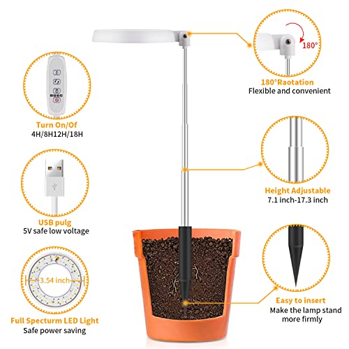 GooingTop LED Grow Light, Halo Plant Lamp for Indoor Plants Growing, White Low Light for Succulents Mini Small Plants Growth,Upgrade Timer 4/8/12/18 Hrs & Variable Spectrum,1 Pack