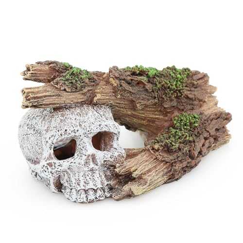 Fish Tank Decorations, Large Aquarium Decor Accessories with Skull and Driftwood, Bearded Dragon Hideout, Reptile & Amphibian Habitat Hideouts - color: Nature Wood