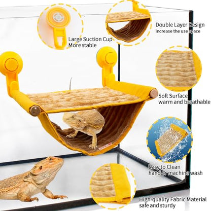 Bearded Dragon Window Hammock with Suction Cups, Soft Reptile Hammock Bed, Double Layered Winter Warm House Tent, Reptile Tank Accessories-Yellow
