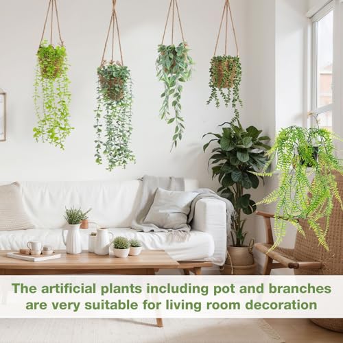 Giegxin Summer Mini Hanging Artificial Plant with Woven Basket Boho Fake Plants Ivy Faux Vines Eucalyptus Leaf for Indoor Home Wall Shelf Decor(6 Set,Green,Artificial Hanging Plants) - size: Standard Hanging