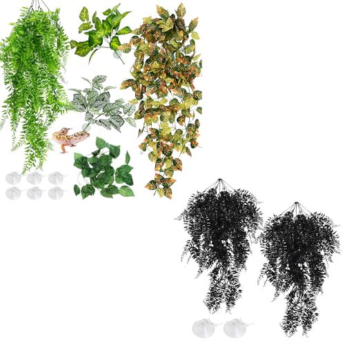 Hamiledyi 5 Pcs Reptile Plants Terrarium Hanging Fake Plant Leaves and Reptile Plants Fake Amphibian Plants 2 Pcs Artificial Leaves for Snake, Lizard, Chameleon