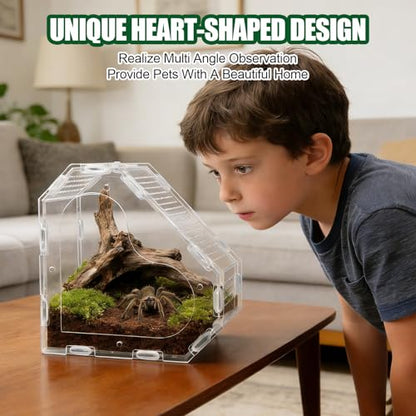 Heart Shaped Acrylic Tarantulas Enclosure, Magnetic Front Door Bug Habitat with Feeding Port, 3 Side Ventilated Bug Enclosure Kit for Geckos, Mantises, Snails, Other Small Pets