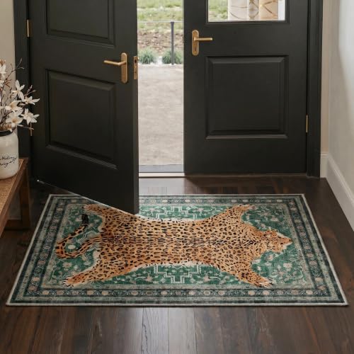 Bavni 2x3 Leopard Rug, Machine Washable Cheetah Door Mat,Soft Animal Small Boho Rugs Non Slip Low Pile Non-Shedding Throw Indoor Print Woodland Jungle Carpet for Entryway Front Door Bathroom,Green - color: Leopard/Green, size: 2'x3'