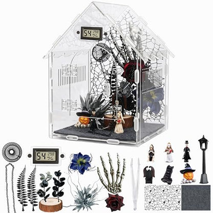 24-in-1 Jumping Spider Enclosure Kit, Acrylic Arboreal Terrarium with Magnetic Door & Feeding Hole, Complete Accessories for Tarantula Mantis Reptile Isopod, 8"x8"x12" (Gothic Style)