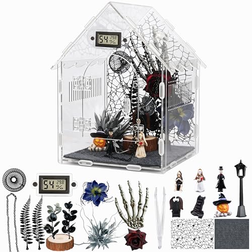 24-in-1 Jumping Spider Enclosure Kit, Acrylic Arboreal Terrarium with Magnetic Door & Feeding Hole, Complete Accessories for Tarantula Mantis Reptile Isopod, 8"x8"x12" (Gothic Style)