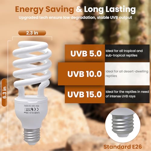 UVA UVB Reptile Light 10.0, 26W Desert UVB Compact Fluorescent Terrarium Lamp, UVB Light for Reptiles, UVB UVA Light Bulb for Reptiles Bearded Dragons Lizards Tortoises Snakes