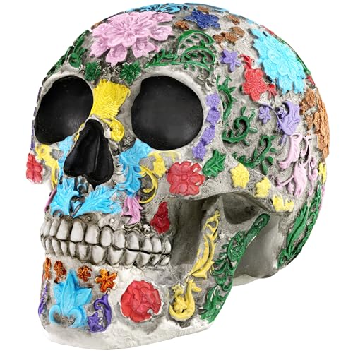 READAEER Life Size Skull Resin Colorful Floral Human Skull Model Adult Head Bone Model Day of The Dead Décor - style: Colorful Floral