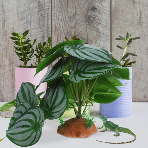 DOITOOL Reptile Decor Climbing Artificial Plant with Suction Cups for Terrarium Glass Container Decoration, Realistic Watermelon Leaf Design Suitable for Snake and Lizard Enclosures