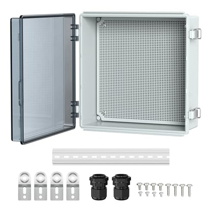 Joinfworld Outdoor Waterproof Electrical Box 13x13x5 with Clear Cover | IP67 water&UV proof box, 304 stainless latch, durable plastic, plate&rail, wall/freestand for marine, solar, Starlink & more - size: 13"x13"x5" Clear